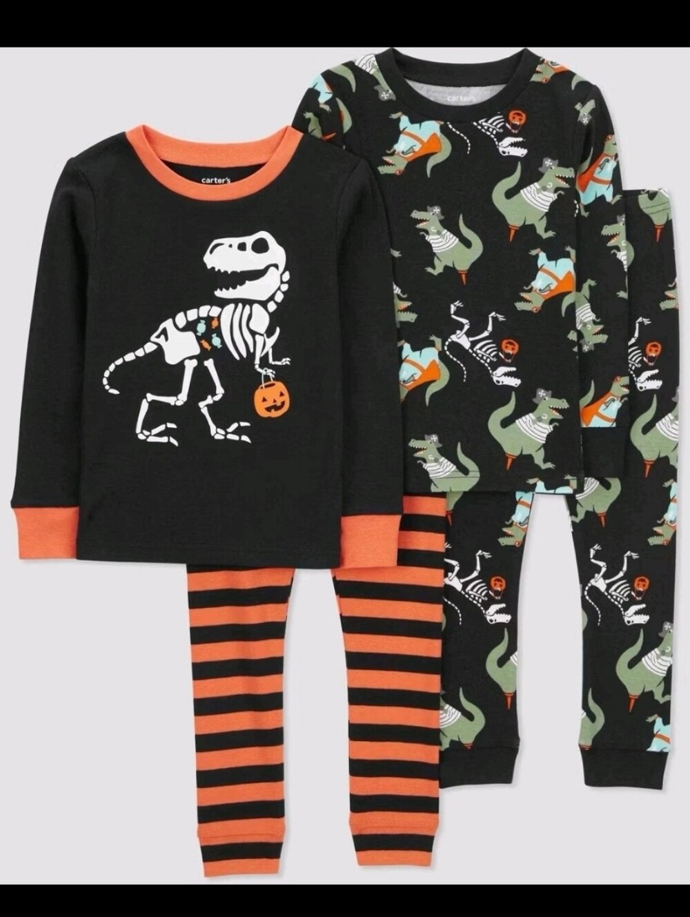 Carter's 4 Piece Pajama Set Glow In The Dark Dinosaur Skeleton Halloween Pajamas